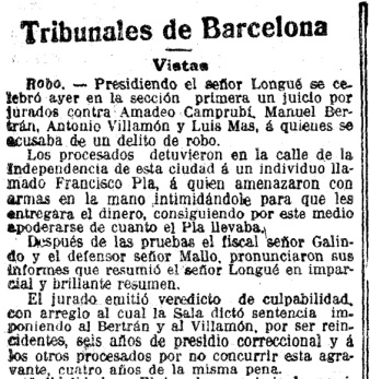 La condena de Mas y Camprubí. Fuente: La Vanguardia, 19-2-1915.